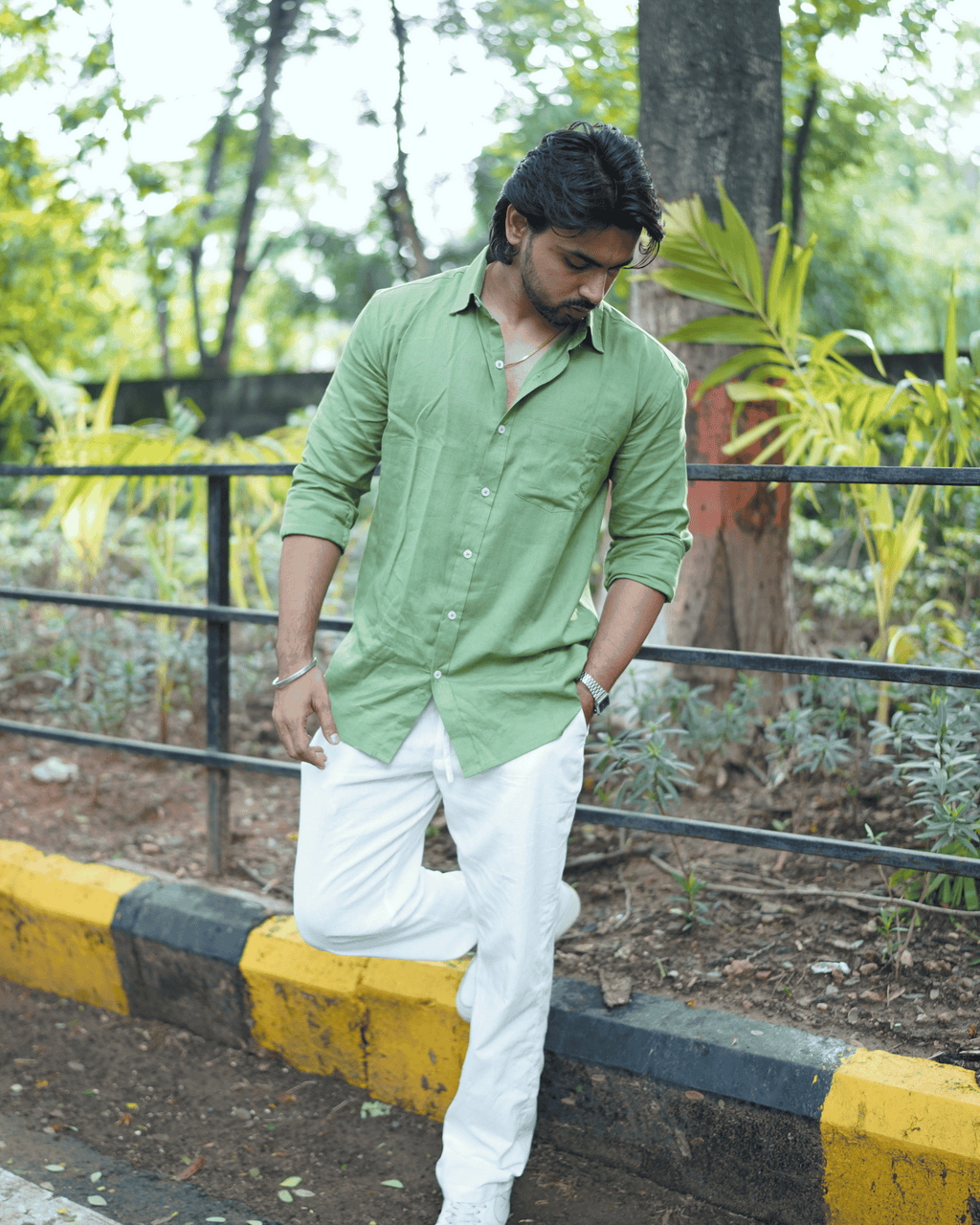 Earthbound Charm – Full Sleeve Olive Green Cotton-Linen Shirt (Unisex)